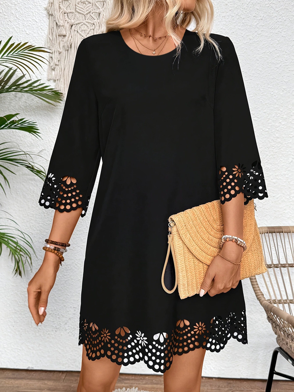 ZARA Elegant Business Casual Lace Round Neck Long Sleeve A Line Dress